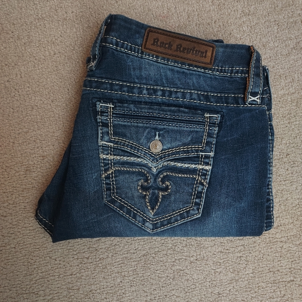 Rock Revival Blue Denim Magnor Easy Straight Jeans, Size 32